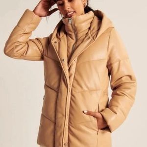 Abercrombie & Fitch Vegan Leather Puffer Mid Length Tan size XS